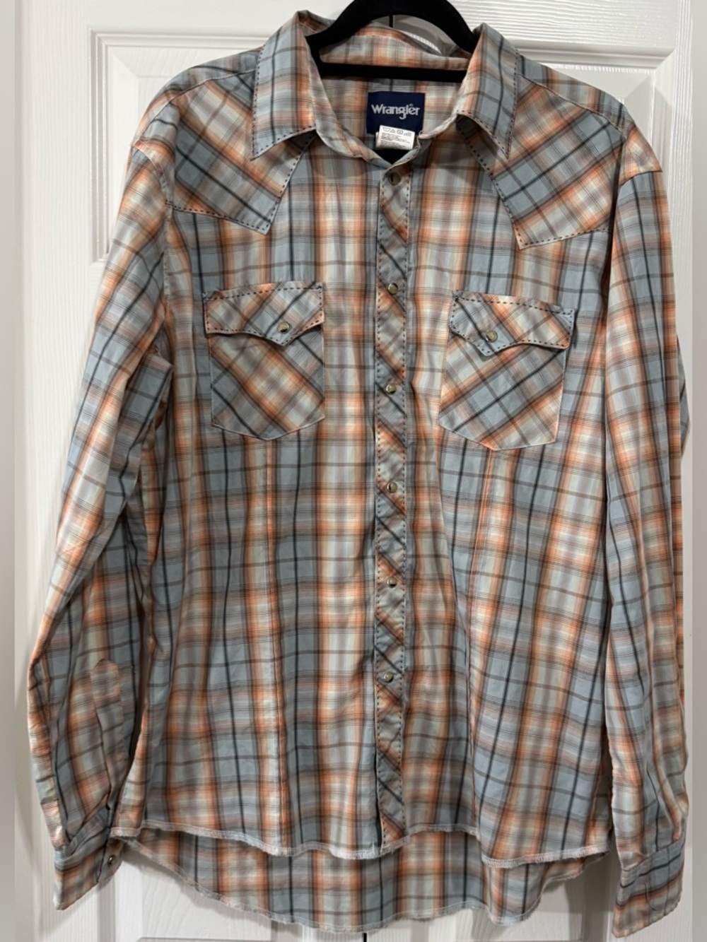 Wrangler Pearl Snap Western Plaid Shirt XL Blue Orange Cowboy Rodeo